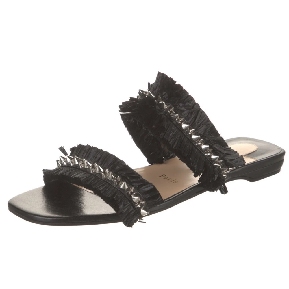 Christian Louboutin Spike Accent Marivodou Raffia Black Slides